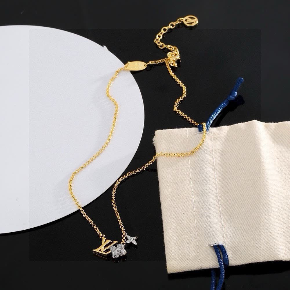 Louis Vuitton Gold Chain Necklace with 'LV' and Flower Design